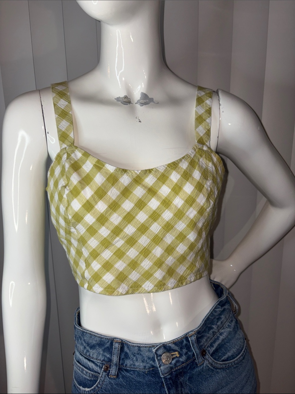 Aerie Cropped Woven Corset Tank Top Green Gingham Plaid Size Medium